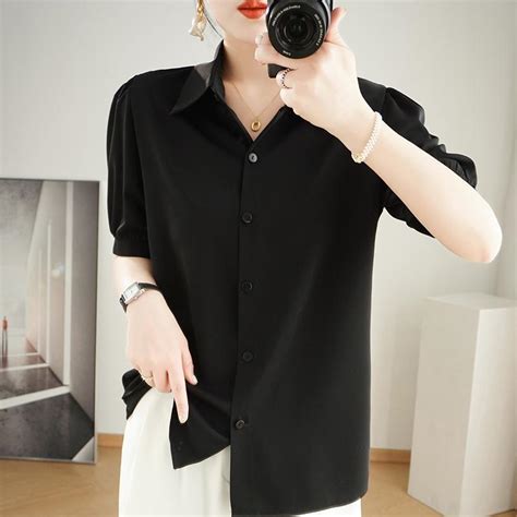 Satın Alın Summer Temperament Satin Short Sleeved Shirt Womens T Shirt Polo Collar Short