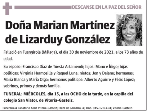 Marian Mart Nez De Lizarduy Gonz Lez Esquela Necrol Gica El Correo