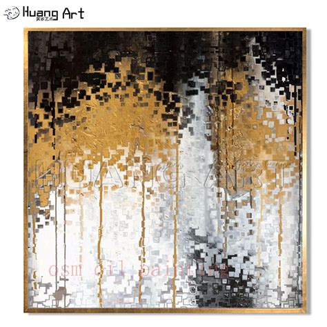 Hand Painted Modern Abstract Gold White And Black Color Plaid Abstract