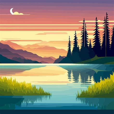 Una Ilustraci N Digital De Un Lago Con Una Puesta De Sol Y La Luna