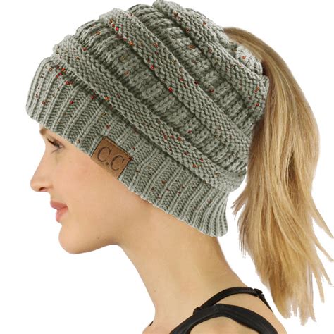 Cc Beanietail Messy High Bun Ponytail Stretchy Knit Beanie Skull Hat