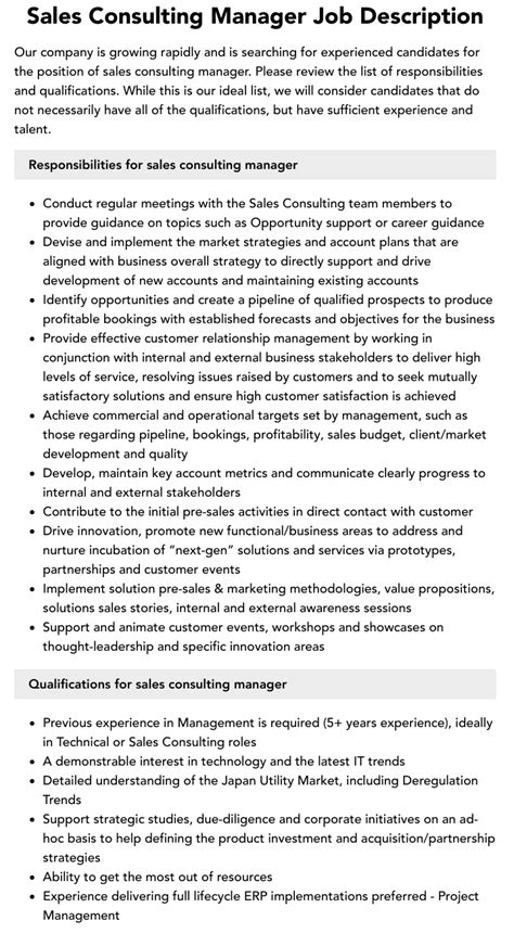 Sales Consulting Manager Job Description Velvet Jobs