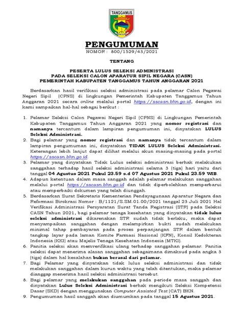 Pengumuman Seleksi Administrasi Casn Kab Tanggamus Tahun 2021 Pdf