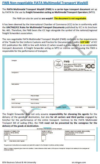 Non Negotiable Fiata Multimodal Transport Waybill Fwb
