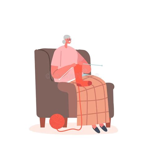 Grandmother Enjoying Knitwork Leisure Senior Woman Sitting On Armchair