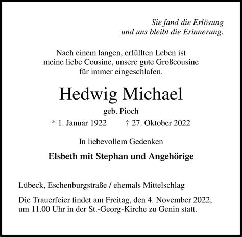 Traueranzeigen Von Hedwig Michael Trauer Anzeigen De