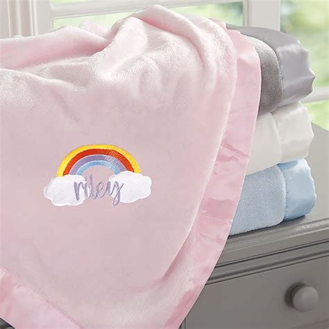 Rainbow Embroidered Pink Satin Trim Baby Blanket