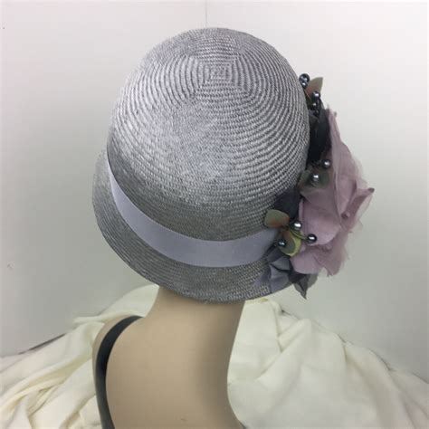 Cloche Hat Parasisal Straw Womans Gray With Lilac 1920s Flapper Hat