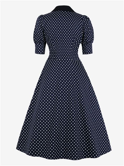 Robe Vintage Année 50s Femme Imprimé Pois Col Revers Avec Manches