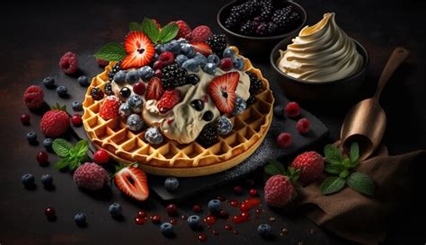 Premium Photo Delicious Belgian Waffles With Berries Fruits Whipped