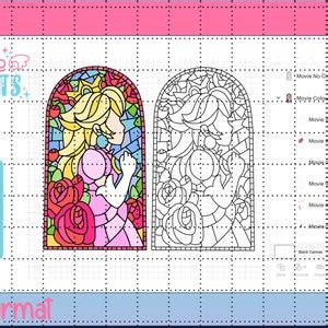 Princess Peach Stained Glass Window SVG PNG Color Black White Mario