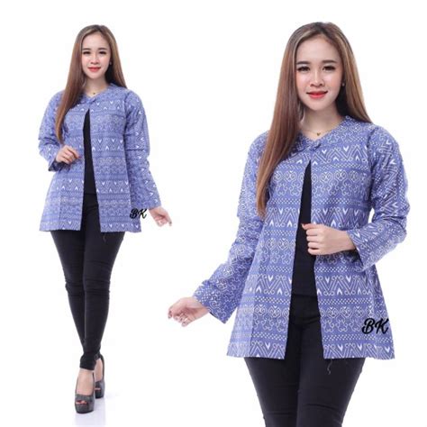 Jual Outer Bolero Blezer Wanita Batik Biru Modern Baju Kerja Kantor