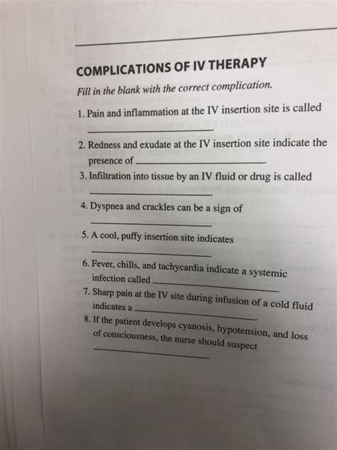 Solved COMPLICATIONS OF IV THERAPY Fill in the blank with | Chegg.com