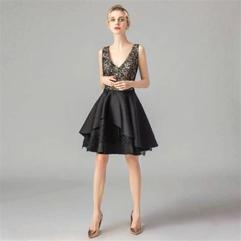 Ruthshen Cocktail Dresses V Neck Black Satin Lace Patchwork Tee Length