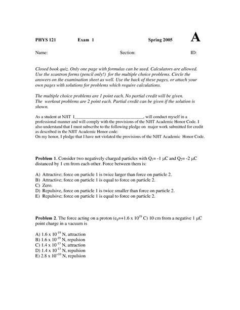 A Common Exam 1aspring 05 Phys 121 Exam 1 Spring 2005 A Name Section Id Closed Book Quiz