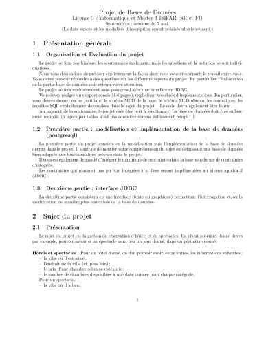 Projet De Bases De Donn´ees Licence 3 Dinformatique Et Master 1 Isifar