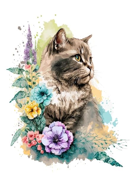 Gato Dibujado A Mano Con Flores Vector Premium