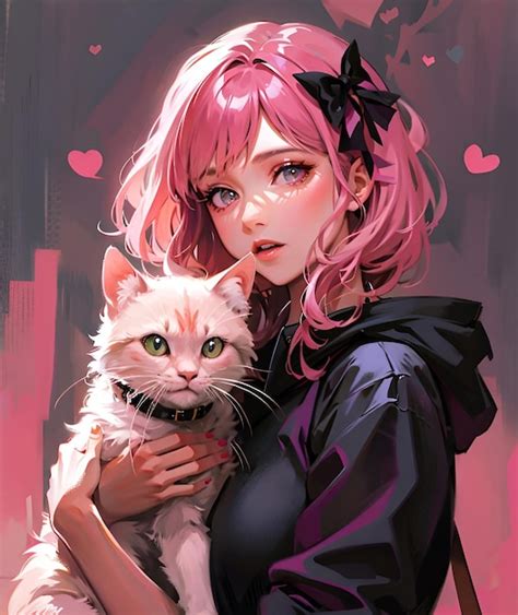 Premium AI Image Beautiful Pink Haired Girl With A Cat In Anime Style