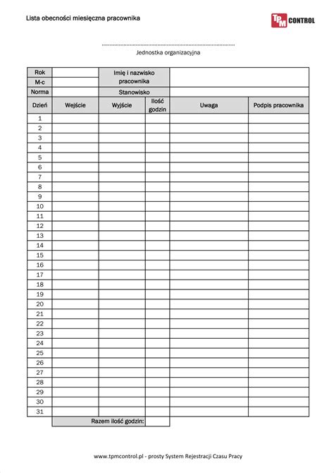 Lista Obecno Ci Pobierz Darmowy Wz R Tpm Control