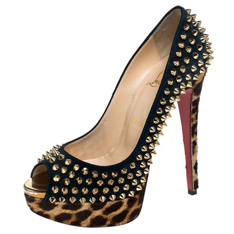 Christian Louboutin Blue Suede And Leopard Pony Hair Spiked Lady Peep