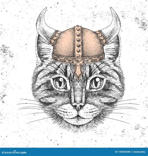 Hipster Animal Cat Wearing a Viking Helmet. Hand Drawing Muzzle of Cat Stock Vector ...