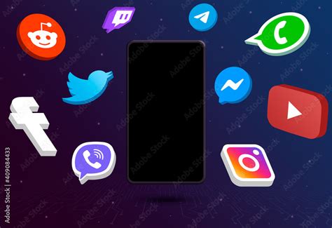 Social Media Logo Icons Around Phone With Blank Screen On Tech