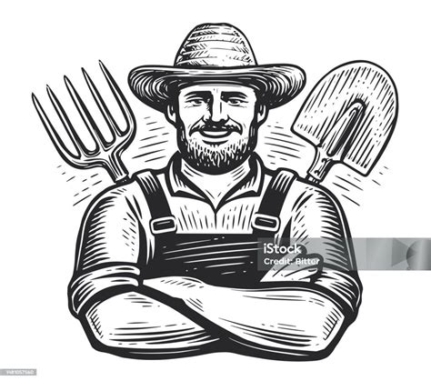 Happy Farmer With Arms Crossed And Gardening Tools Farm Worker Sketch