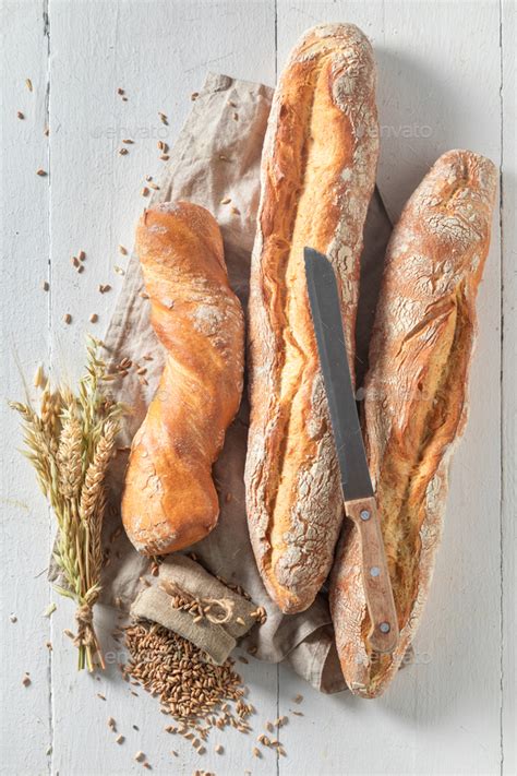 Crunchy Baguettes Baked In Bakery Country Kitchen Or Bakery Stock