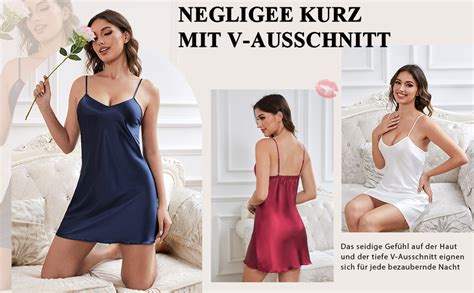 Crewhpo Nachthemd Damen Satin Negligee Sexy Mit V Ausschnitt