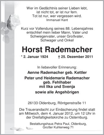 Traueranzeigen Von Horst Rademacher Nordwest Trauer De