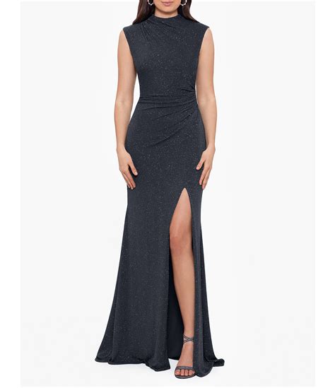 Betsy And Adam Stretch Glitter Mock Neck Sleeveless Ruched Gown Dillards