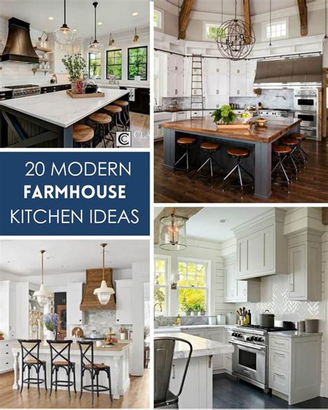 four different pictures with the words 20 modern farmhouse kitchen ideas