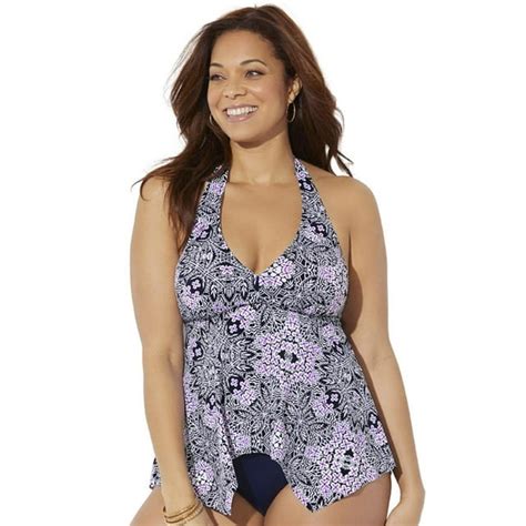 Swimsuits For All Womens Plus Size Handkerchief Halter Tankini Top 12 Navy Sage