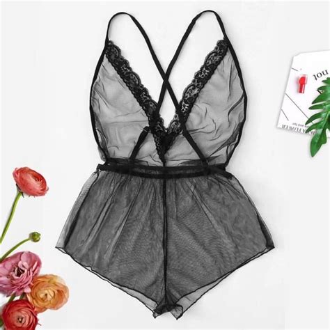 Femmes Dentelle Garniture V Neck Backless Cross Strap Body Combinaison Lingerie Pyjamas Noir