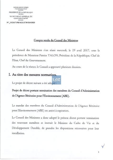 Bénin Compte rendu du conseil des ministres du 19 avril 2017 La