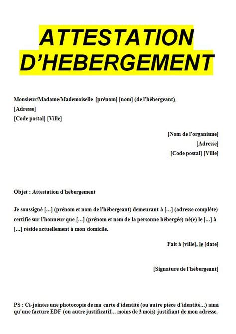 Exemple Attestation D H Bergement Titre Gratuit Divers Exemples