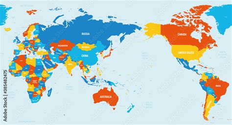 World map - Asia, Australia and Pacific Ocean centered. 4 bright color ...