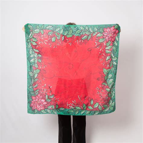 Red Green Christmas Scarf Hand Painted Silk Scarf Floral Print Etsy