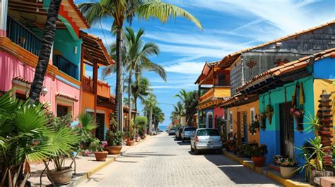 Colorful Street With Houses Palms Cars Restaurants Puerto Escondido