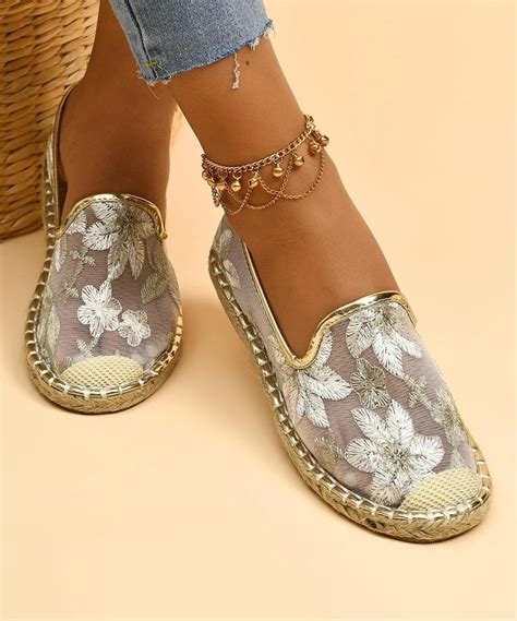 Goldtone Floral Embroidered Espadrille Flat Women Dress Shoes