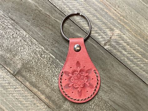 Pink Leather Keychain Tooled Key Fob Stamped Leather Key Ring Etsy