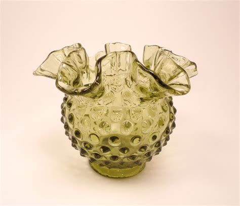 Vintage Fenton Green Hobnail Ruffled Top Glass Small Vase Or Bowl Small Vase Fenton Glass