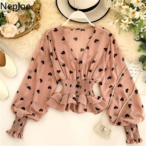 Neploe V Neck Lantern Long Sleeve Heart Print Blouse Women Elegant