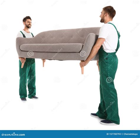 Young Workers Carrying Sofa Isolated On White Stock Image Image Of