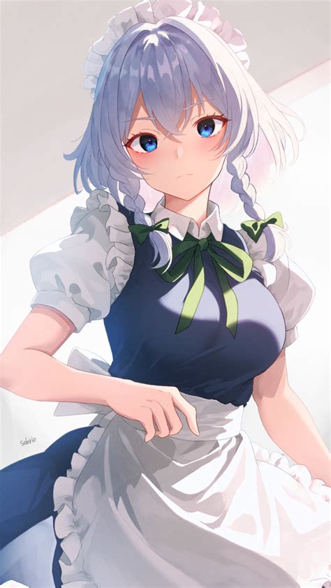 Safebooru 1girl Apron Blue Dress Blue Eyes Blush Braid Breasts Closed Mouth Commentary Request