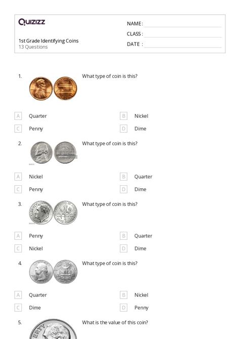 50 Identifying Coins Worksheets For 1st Grade On Quizizz Free Worksheets Library