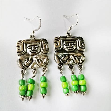 Green Beads Mayan Silver Earrings Mayan Jewelry Silver Aztec Etsy