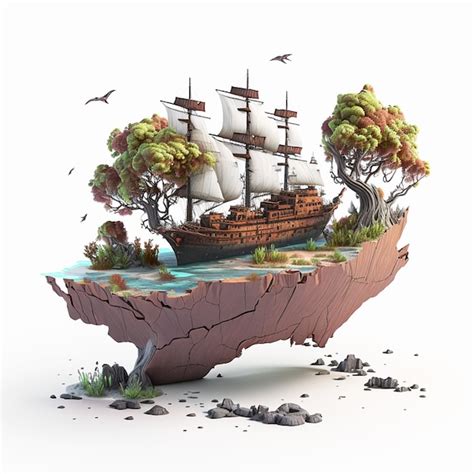 Premium AI Image | A ship floating on a floating island with trees and ...