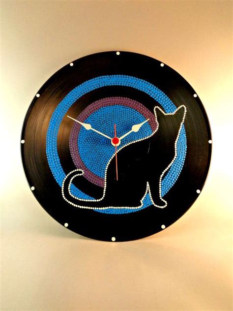 Cat Vinyl Clock Hand Painted Blue Purple Upcycled Vinyl Record