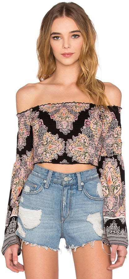 Band Of Gypsies Printed Off The Shoulder Long Sleeve Crop Top Long